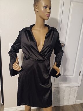 Cider Black Satin Wrap Dress